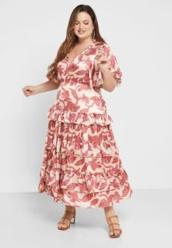 Printed V-Neck Ruffle Detail Dress