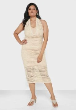Stone Plus Size Halter Neck Crochet Midi Dress