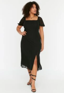 Square Neck Puff Sleeve Slit Hem Dress