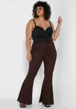 Chocolate Plus Rib Tie Waist Flare Trouser
