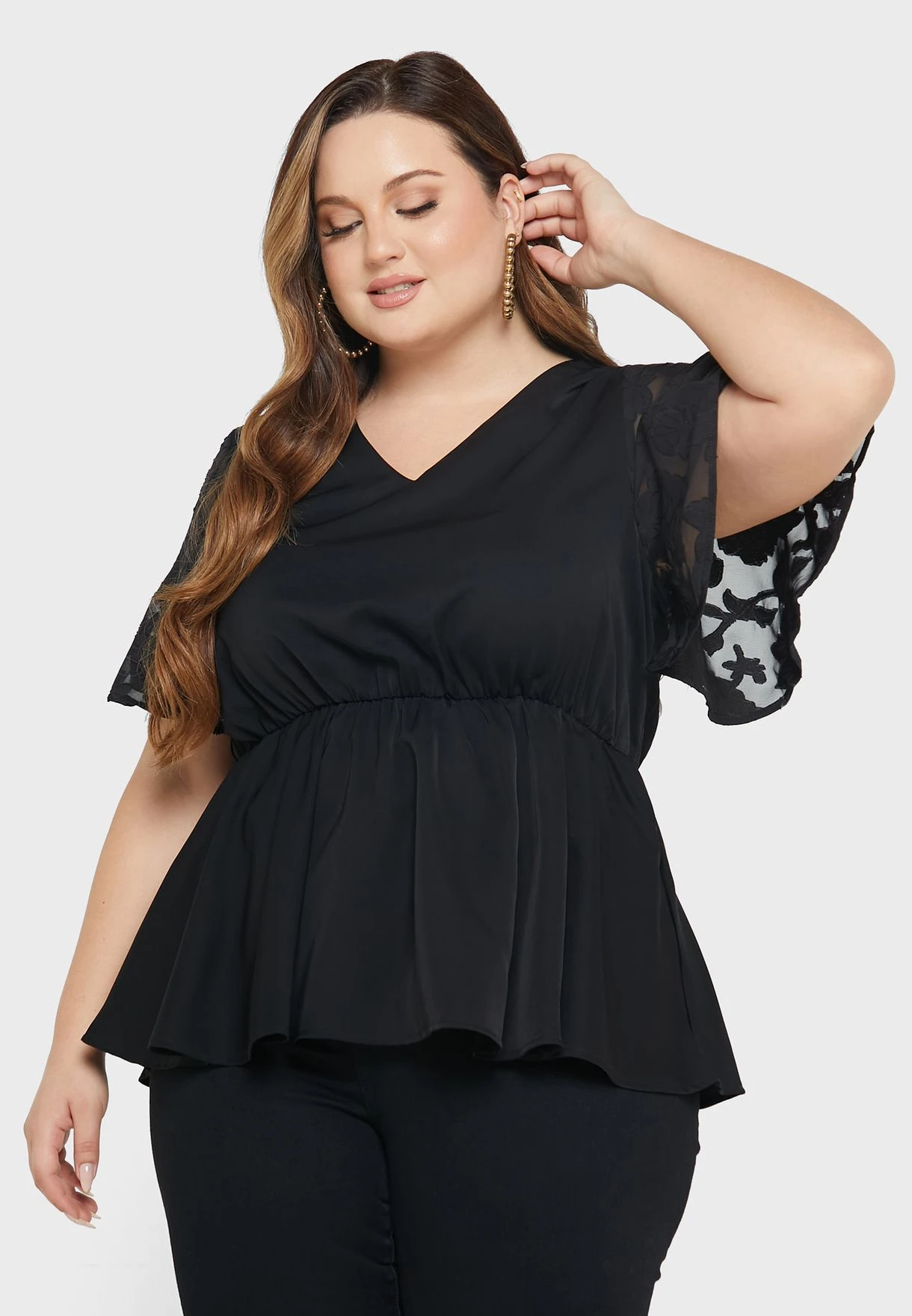 Mesh Sleeve Detail Peplum Top 3 Mesh Sleeve Detail Peplum Top