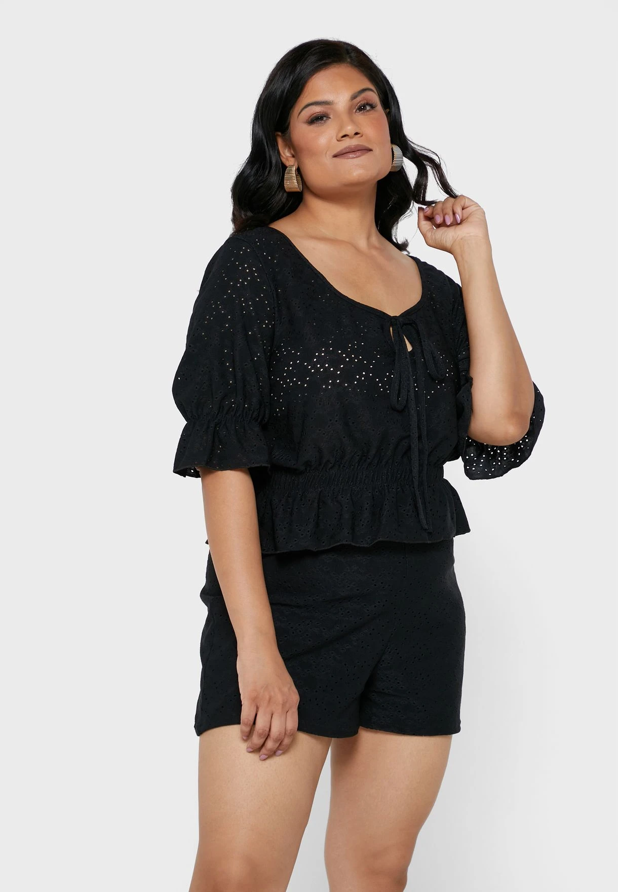 Black Plus Size Broderie Ruched Detail Tie Front 3 Black Plus Size Broderie Ruched Detail Tie Front
