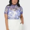 Blue Plus Size Printed Mesh Lettuce Hem Top