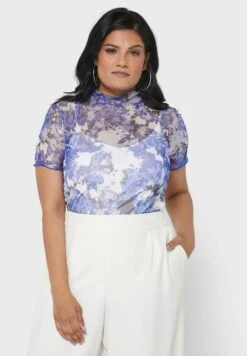 Blue Plus Size Printed Mesh Lettuce Hem Top