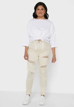 Ecru Plus Size Rip Detail Stretch Skinny Jeans