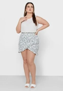 Blue Plus Size Ruffle Detail Printed Mini Skirt