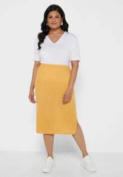 Mustard Plus Size Ribbed Midi Skirt