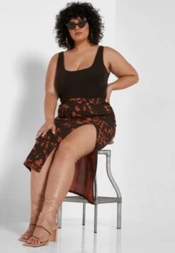 Rust Plus Tie Dye Rib Side Split Midi Skirt