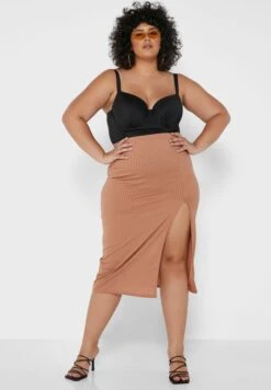 Camel Plus Rib Split Front Midi Skirt