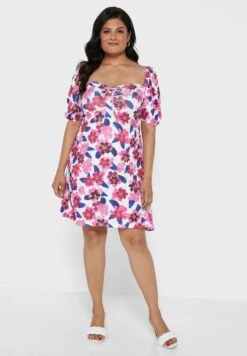 White Plus Size Floral Milkmaid Shoulder Ruched Fr