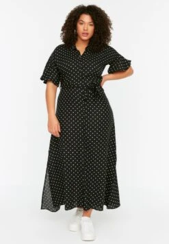 Polka Dot Cuff Detail Button Down Dress