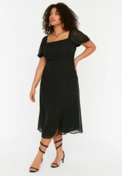 Square Neck Puff Sleeve Slit Hem Dress -CARMAKOMA Clothing Sales 3 zoom desktop 166
