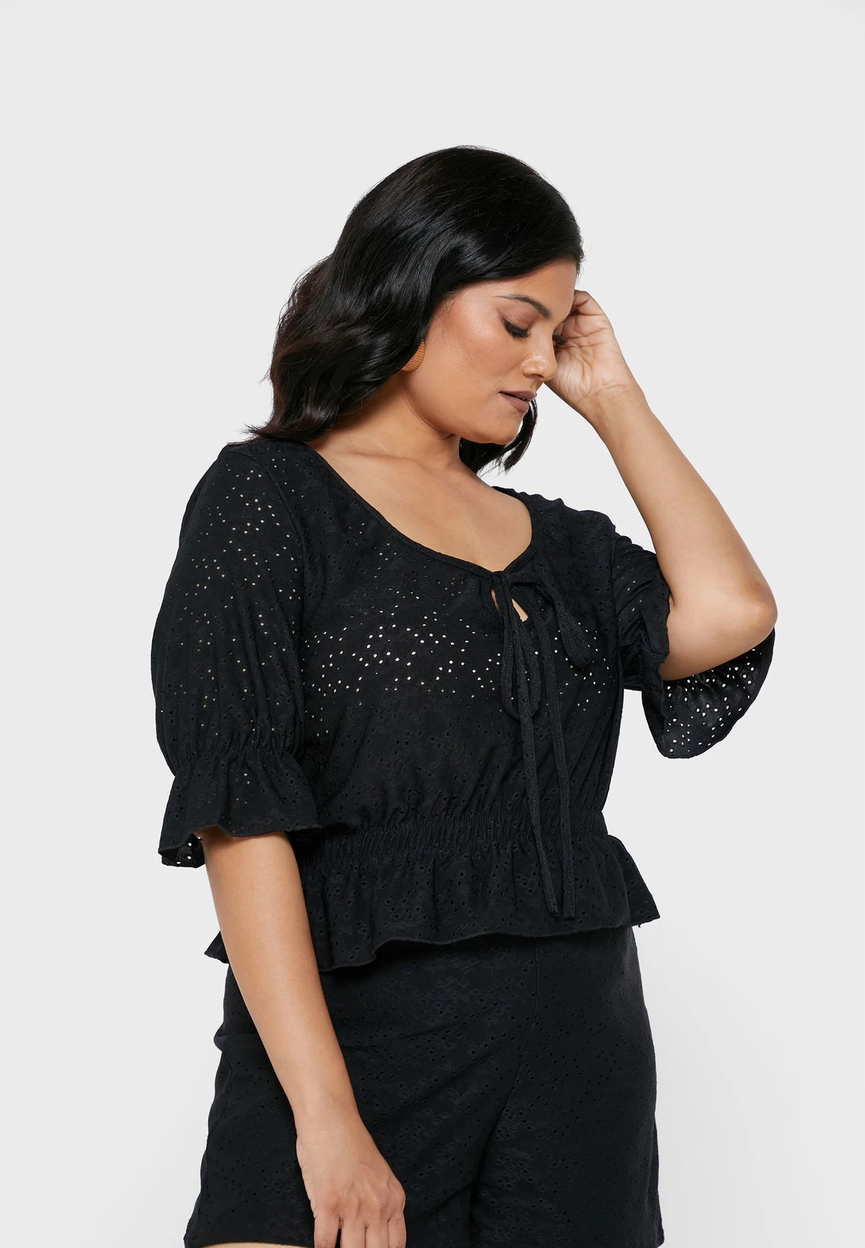 Black Plus Size Broderie Ruched Detail Tie Front 5 Black Plus Size Broderie Ruched Detail Tie Front - Image 3