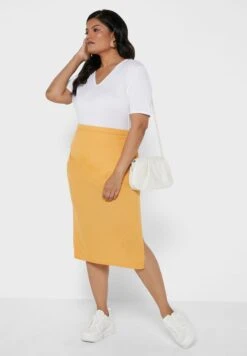 Mustard Plus Size Ribbed Midi Skirt 9 Mustard Plus Size Ribbed Midi Skirt -CARMAKOMA Clothing Sales 4 zoom desktop 391
