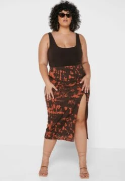 Rust Plus Tie Dye Rib Side Split Midi Skirt -CARMAKOMA Clothing Sales 4 zoom desktop 394