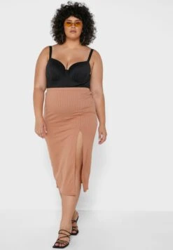 Camel Plus Rib Split Front Midi Skirt -CARMAKOMA Clothing Sales 4 zoom desktop 403